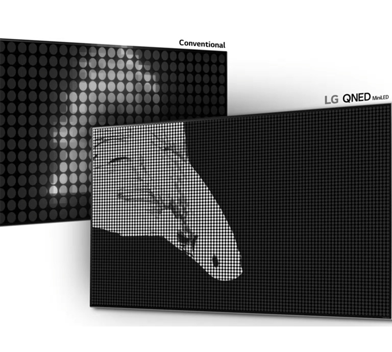 Image d’un poisson bêta, la moitié sur une LED conventionnelle avec moins de zones de gradation et des noirs pauvres, l’autre moitié sur un Mini LED QNED de LG avec plus de zones de gradation et des noirs plus profonds (lire la vidéo).
